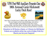 VFW 18th Annual Gene Hickmott Lucky Duck Race on Hickory Creek, Saturday, June 2nd. Public Welcome!!