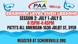 Beginner Level Swim Lessons- Session 2: July 1-July 5; 4:15pm-4:45pm